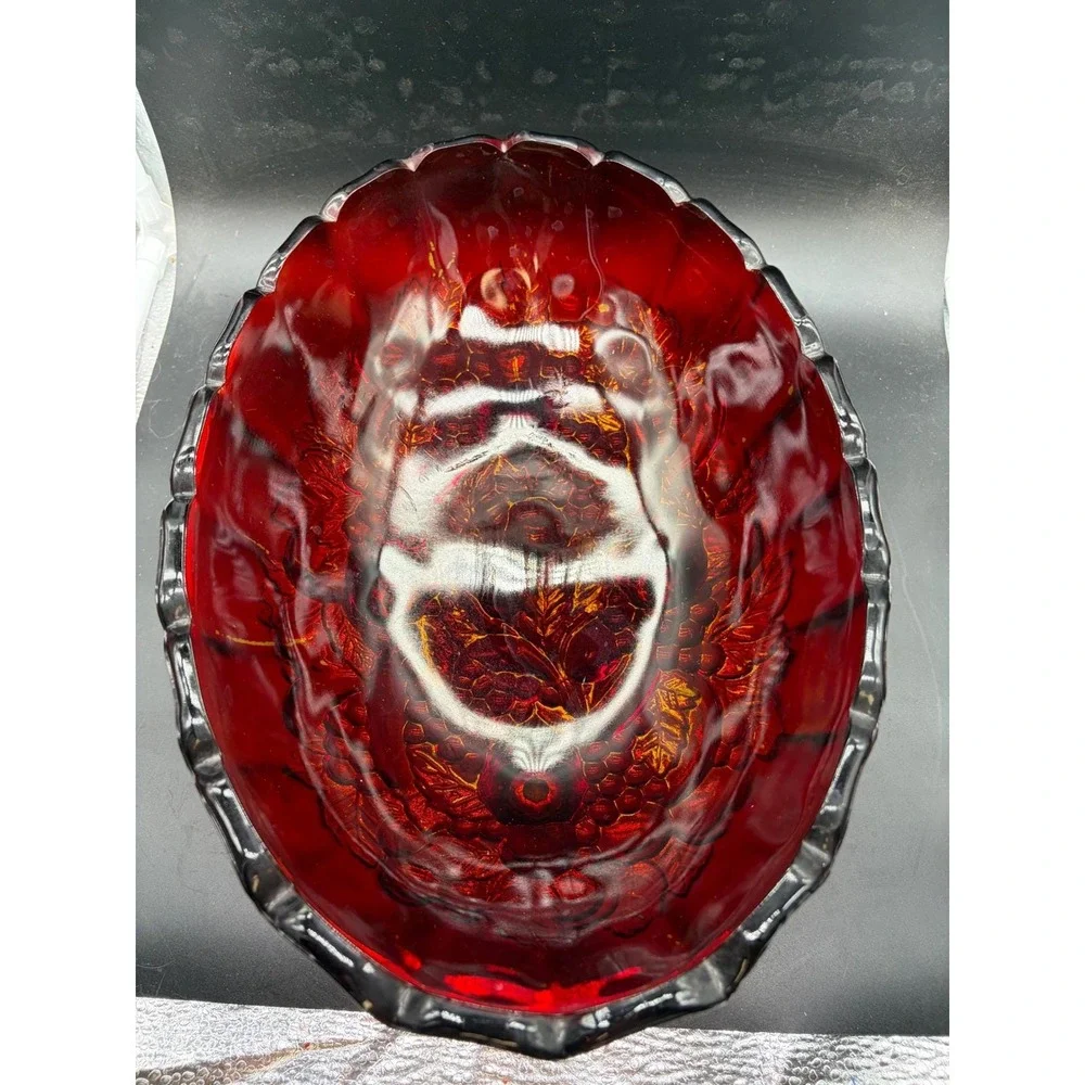Vintage Ruby Red Amberina Glass Footed Bowl Scalloped Fruit Pattern Centerpiece
